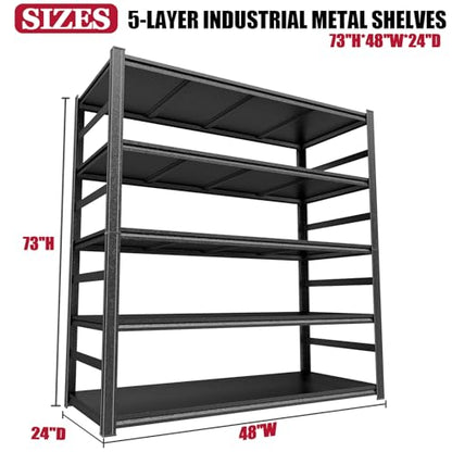 PRESTELION Garage Shelving 3500LBS Storage Shelves 5-Tier Adjustable Metal Shelving Units Garage Storage Shelves Heavy Duty for Industrial, Warehouse, Basement, Commercial, Black (73" H×48" W×24" D)