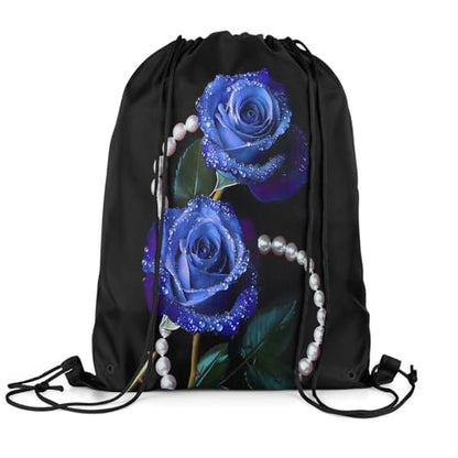 Castle Fairy Rose Flower Drawstring Backpack,Luxury Pearls Jewels Waterproof Sports Gym Bag,Princess Style Large Capacity for Travelling,Swimming,Beach,Black Blue - color: Black Blue