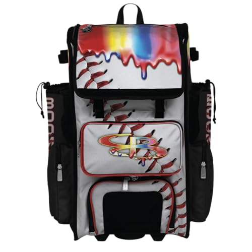 Boombah Superpack Hybrid Rolling Bat Bag - Wheeled & Backpack Version - Baseball Homerun Drip White/Black/Red