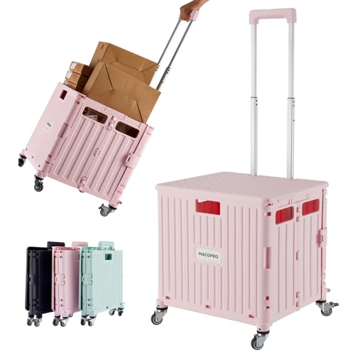 MACOPRO Folding Utility Cart Portable Rolling Crate Handcart Shopping Trolley Collapsible Tool Box, with Lid, Basket on 4 Rotate Wheels, for Grocery, Shopping, Office, Teacher (Pink) - color: Pink