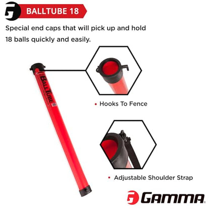 Gamma Sports Tennis Ball Tube Pickup – 18-Ball Capacity with Carry Strap and Durable Rubber End Caps with Fence Clips – Quick Court Cleanup Tool for Players, Coaches & Instructors - color: Red