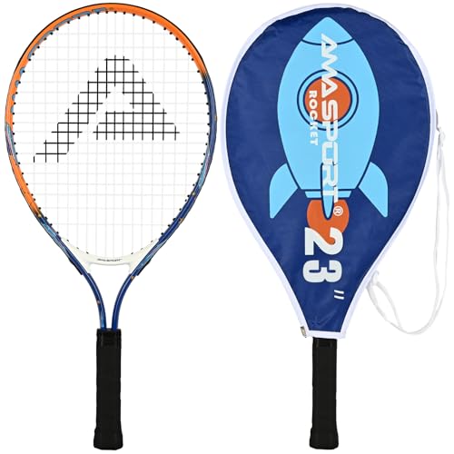 AMA SPORT Kids Tennis Racket 17/19/21/23/25 Inch Tennis Racket for Kids Girls and Boys Beginners Toddlers Starter Junior Racquet with Shoulder Strap Bag (Age 2-10) - color: Rocket-Blue, size: 23"