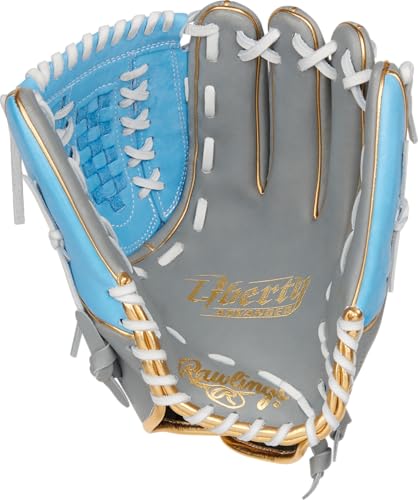 Rawlings | Liberty Advanced Color Series Fastpitch Softball Glove - color: Grey / Columbia Blue / Gold | X-Laced Basket Web, size: 12.5" | Utility