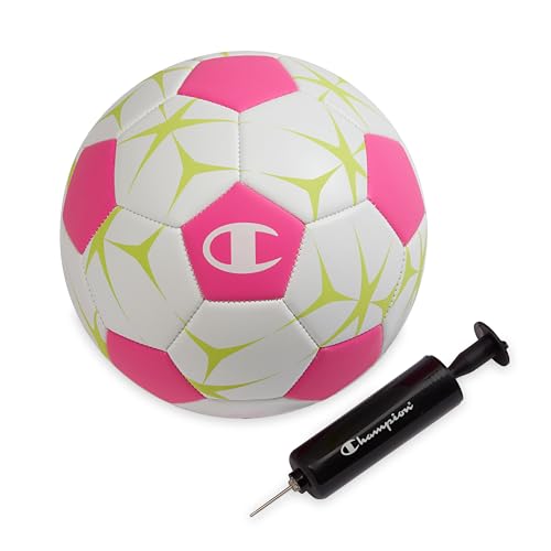 Champion Soccer Ball Youth & Adult – Matte Finish, 32-Panel Design, Enhanced Control, Sizes PVC Cover, Sizes 3,4 and 5 for Indoor & Outdoor Training, Includes 6" Pump - color: White/Optic Pink/Evening Primrose, size: 4