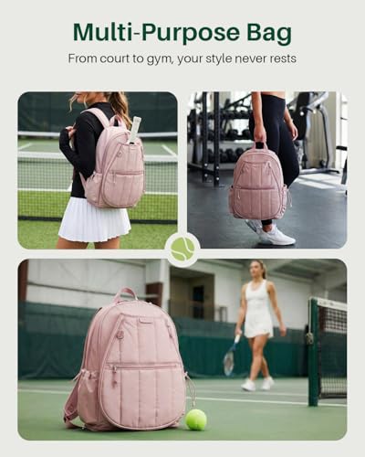 Quilted Tennis Gym Backpack for women Tennis Bag Holds 2 Rackets with Top Panel & Ventilated Shoe Compartment Sports Duffle Bags with Wet Pocket & Fence Hook - color: Pink
