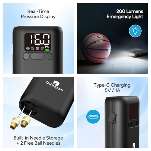 Dr.Prepare Electric Ball Pump Inflation,Basketball Air Pump with Pressure Display,16PSI,Auto-Off,LED Light,for Balls,Swim Ring,DP Camping Shower Bag,with 2 Inflation Needles,1 Adapter,1 Charging Cable