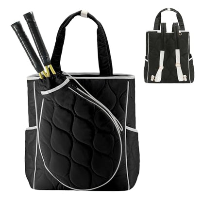 2-in-1 Tennis Tote Bag & Tennis Racket Backpack – Extra-Large Quilted Pickleball Racquet Bags, Water-Resistant & Lightweight for Men & Women - color: Black