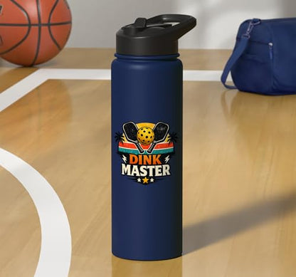 Dink Master Funny Pickleball Player Paddle Sports Stainless Steel Insulated Water Bottle - color: Navy Blue