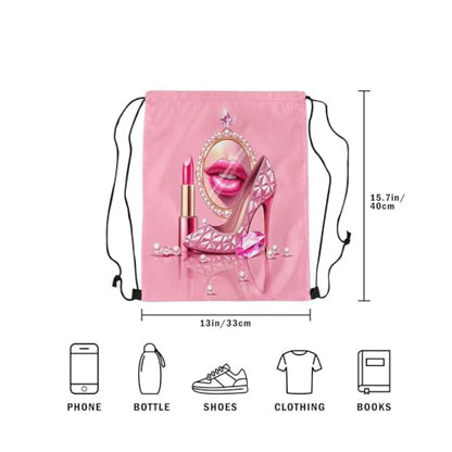Castle Fairy Pink High Heel Drawstring Backpack,Rose Lipstick Waterproof Sports Gym Bag,Glitter Diamond and Pearl Large Capacity for Travelling,Swimming,Beach,Pink - color: Pink