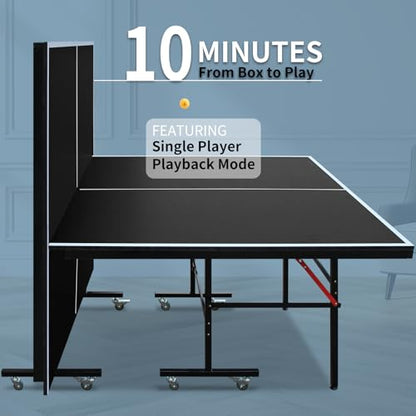 IUNNDS Portable Table Tennis Table 6/8/8.5/9FT Foldable Ping Pong Game Set for Indoor with Net and Post Set, 2 Paddles and 3 Balls - color: Black-8FT with Wheel