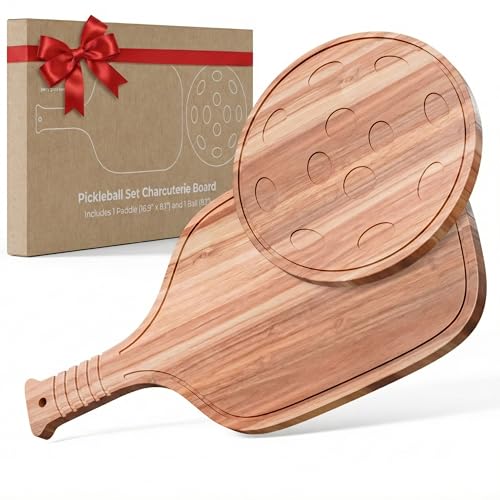 New – Set of Pickleball Paddle & Ball Charcuterie Board Set – Acacia Wood Cheese & Cutting Board (16.9” x 8.1”) Pickleball Gifts for Men/Women, Pickle Ball Plates, Pickle Ball Accessories