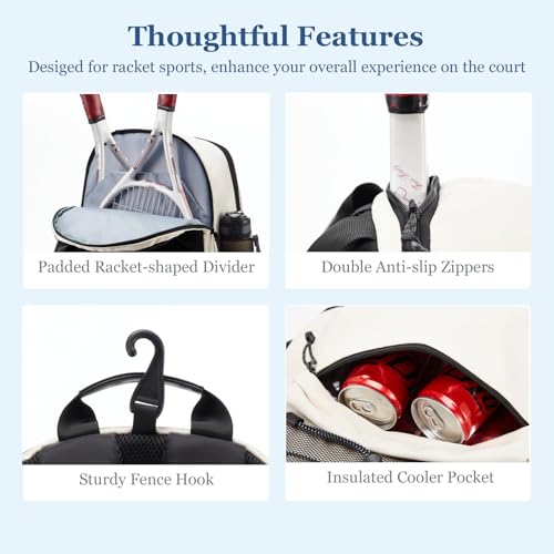Tennis Bag, Tennis Backpack for Women Men 2 Rackets with Insulated Pocket Shoe Compartemnt for Pickleball Tennis - color: Beige