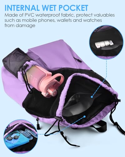 BROTOU Swim Bag Beach Backpack with Wet Pocket Mesh Drawstring Bags for Swimming, Gym - color: Purple