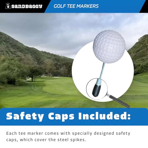 Sandbaggy Plastic Tee Markers for Golf Course (UV Resistant) - Steel Spike - Safety Caps Included - color: White