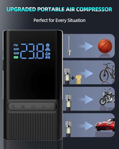 Tire Inflator Electric Bike Pump - 150PSI Portable Air Pump with Pressure Gauge, 6000mAh Electric Ball Pump with Schrader/Dunlop/Presta Valve for Road, Mountain Bicycles, E-Bike, Motorcycle, Balls