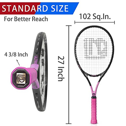 Adults Tennis Racket 27 Inch, Shockproof Carbon Fiber Tennis Racquet Light-Weight, Pre-Strung and Regrip, Suitable for Beginners to Intermediate Players - color: Black+Pink