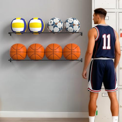 Ball Rack Wall Mount with 2 Separate Shelf, Basketball Holder Storage Wall Mount with 8 Ball Capacity, Garage Sports Equipment Organizer