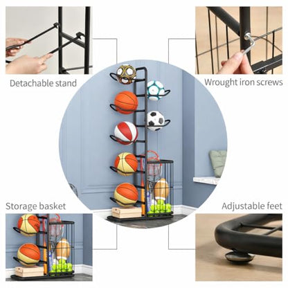 7-Ball Sports Equipment Storage Rack with Ball Holder, Ideal for Garage or Indoor Use - Organize Toys, Sports Gear and More, 57.5" (Black) - style: 7-tier with Basket