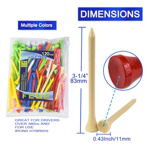Golf Tees Professional Durable Natrual Wooden Golf Tees 3-1/4"&1-1/2" -Pack of 120 Bulk, Multiple Colors Mix of Colours,Biodegradable Wood Golf Tees (3-1/4" -120 Pack)