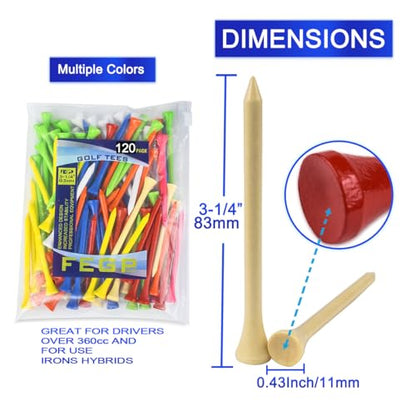 Golf Tees Professional Durable Natrual Wooden Golf Tees 3-1/4"&1-1/2" -Pack of 120 Bulk, Multiple Colors Mix of Colours,Biodegradable Wood Golf Tees (3-1/4" -120 Pack)