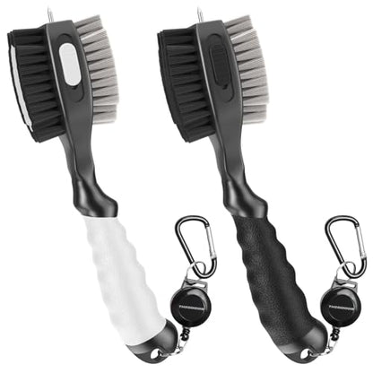 THIODOON 2 Pack Golf Club Brushes and Groove Cleaner 2 ft Retractable Zipline Carabiner Golf Brush Head with Retractable Spike Comfortable Grip Golf Club Cleaner - color: 2pcs Black & White