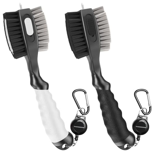 THIODOON 2 Pack Golf Club Brushes and Groove Cleaner 2 ft Retractable Zipline Carabiner Golf Brush Head with Retractable Spike Comfortable Grip Golf Club Cleaner - color: 2pcs Black & White