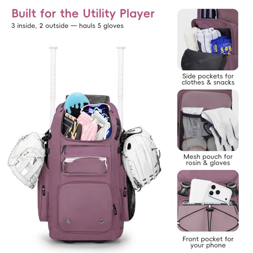 KAVIGOR 80L Rolling Baseball & Softball Bag for Youth & Adult, Holds 3 Gloves & 4 Bats, Custom Team Panel, Travel Ball Ready - color: Berry Pink