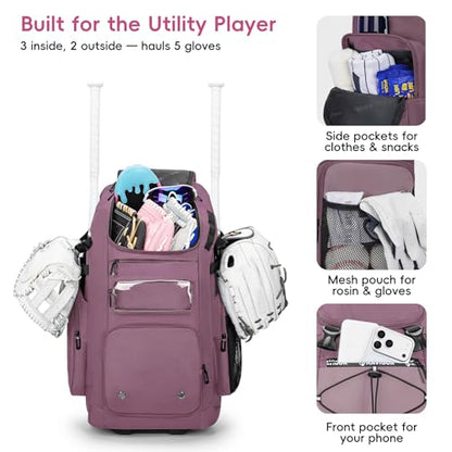 KAVIGOR 80L Rolling Baseball & Softball Bag for Youth & Adult, Holds 3 Gloves & 4 Bats, Custom Team Panel, Travel Ball Ready - color: Berry Pink