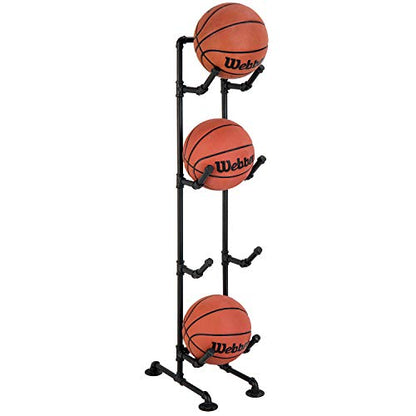 MyGift 4-Tier Rustic Industrial Black Metal Pipe Indoor/Outdoor Basketball, Volleyball, and Sports Ball Storage Organizer Rack