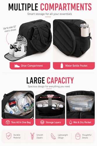 Pickleball,Tennis Racket Bag,Gym Bag for Women,Man. Quilted, Holds 2 Rackets with Shoe Compartment. Sport Bag for Gym, Court, Travel Duffle Bag - color: Black