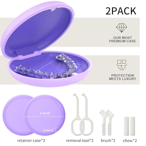 2 Pack Retainer Case, Compatible with Invisalign, Slim Aligner Case with Removal Tool, Aligner Seaters & Brush, Pocket Size Secure Magnetic Closure for Travel - Purple - color: 2 Pack - Purple
