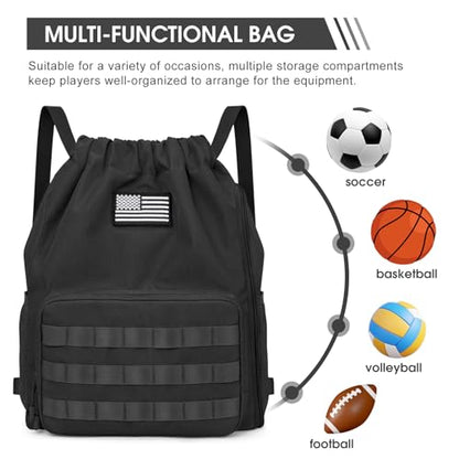 G4Free Drawstring Backpack Gym Backpack Soccer Basketball Bag with Shoes Compartment Tactical Water-Resistant String Sports Bag for Men Women(Black)