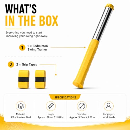 Upgraded Adjustable Intensity Badminton Swing Trainer, 11.8" Swing Trainer Sound Feedback for Smash Technique for Wrist Arm Strength Training Fitness Professional Players - color: Yellow-1Pcs