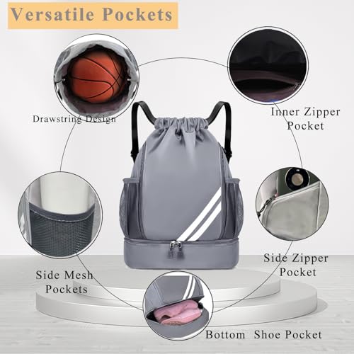 Drawstring Soccer Backpack with Shoe Compartment - Gym Bag for Basketball, Volleyball and Football - Water Resistant Nylon Sports Cinch Sack for Men Women