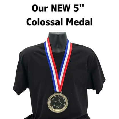 Express Medals Pack of 1 (or More) Colossal 5 Inch Gold Soccer Award Medals Variations with or Without Engraving Personalization Engraved Custom Text Names - color: Yes Engraving