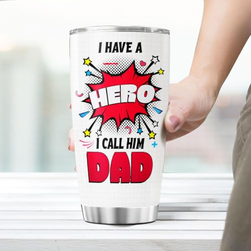 Hero Dad Gift Tumbler for Father's Day, 20oz Stainless Steel Insulated Cup with Superhero Comic Design, Vacuum Double Wall Travel Mug for Dad from Son or Daughter - color: Dad Appreciation A1