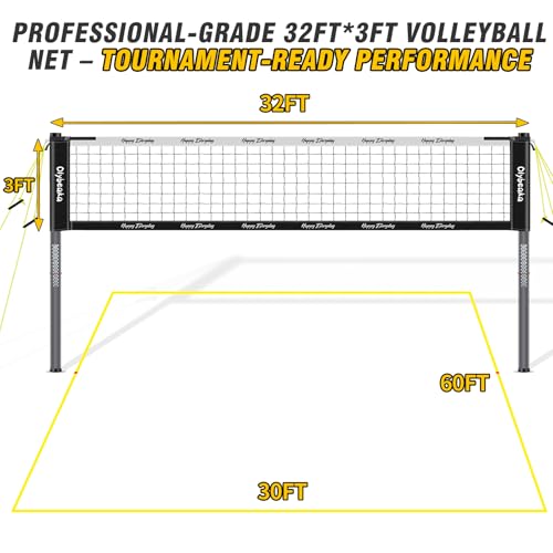 20ft / 32ft Portable Outdoor Volleyball Net Set for Backyard Beach Grass with Heavy Duty 1.25" Adjustable Poles, 28-Ply PE Net, PU Volleyball & Pump, Large Storage Bag (Black + White, 32ft)