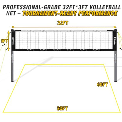 20ft / 32ft Portable Outdoor Volleyball Net Set for Backyard Beach Grass with Heavy Duty 1.25" Adjustable Poles, 28-Ply PE Net, PU Volleyball & Pump, Large Storage Bag (Black + White, 32ft)