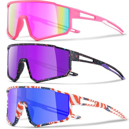 3PACK Kids Sunglasses for 6-14 Boys Girls, Youth Baseball and Cycling UV400 Protection Goggles - color: 3pcs-pink Pink+purple Black+blue Red-k08