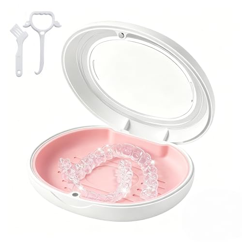 Retainer Case with Vent Holes, Large Capacity Aligner Case with Magnetic Closure, Removable Silicone Tray for Mouth Guard and Night Guard, White - color: Pink