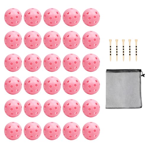 Plastic Golf Balls Practice Limited Flight Golf Training Ball Hollow Swing Practice Indoor Golf Balls with Mesh Drawstring Bag for Backyard Driving Range or Outdoor - color: Pink 30