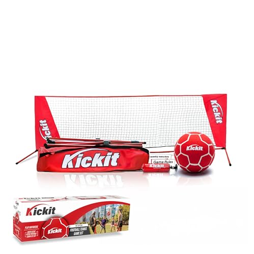 Kickit Soccer Tennis Game Set, Portable 6.5' Wide x 2' High Net & Soft Lightweight Ball, Play Outdoors, Indoors, Backyard, Beach, Complete Skills Training & Travel Friendly, Original - color: Red