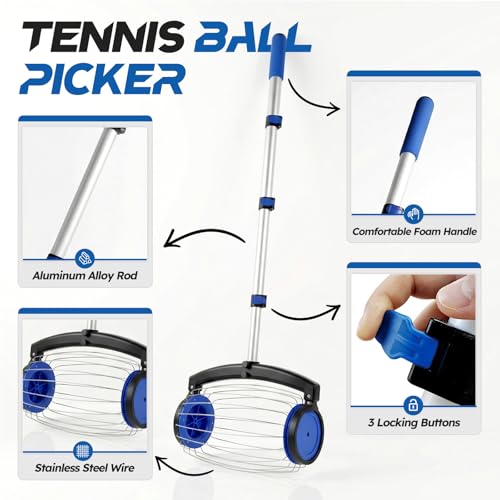 zozen Tennis Ball Picker with Storage Bag, No Bending Quick Pickup Roller, Adjustable Telescopic Handle, Holds Up to 28 Tennis Balls, Lightweight & Portable Collector for Tennis/Pickleball/Baseball