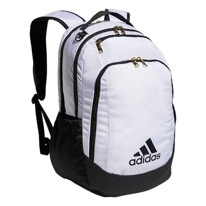 adidas Defender Sports Backpack with Shoe Compartment, Soccer Bag - color: White/Black/Gold Metallic