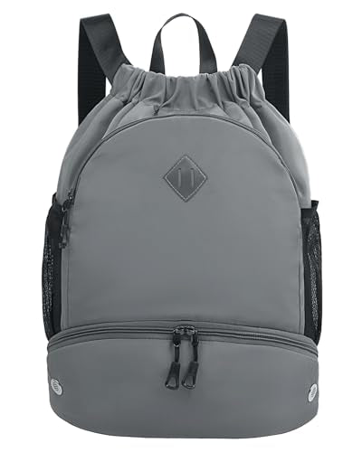 RHDZO Drawstring Backpack Gym Backpack with Shoe Compartment for Men Women String Sports Bag with Wet Pocket Cinch Swim Beach Bag, Large Gray - color: Large Gray