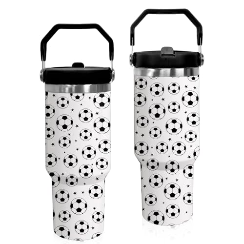 30 oz Tumbler with Handle Flip Straw Leak Proof - Soccer Cup 30oz Tumbler Travel Coffee Mug with Handle - Birthday Gifts for Women Men Soccer Lovers Fans 30 Ounce Stainless Steel Cup - color: Soccer White