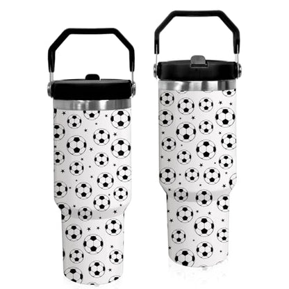 30 oz Tumbler with Handle Flip Straw Leak Proof - Soccer Cup 30oz Tumbler Travel Coffee Mug with Handle - Birthday Gifts for Women Men Soccer Lovers Fans 30 Ounce Stainless Steel Cup - color: Soccer White