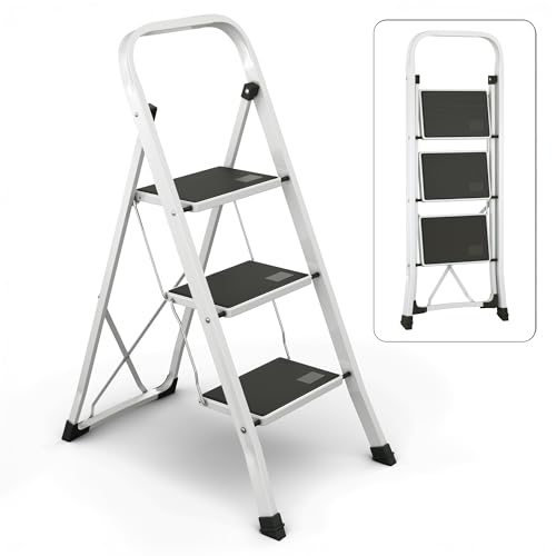 3-Step Ladder with Wide Anti-Slip Platform & Thick Rubber Feet | Heavy Duty Foldable & Portable | 330 lbs Capacity, Steel Frame, Rubber Handgrip, Folding Step Stool - color: White, size: 3-Step