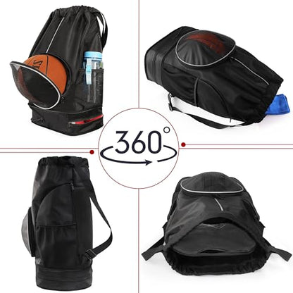 Basketball Backpack, 45 L Drawstring Sports Bag with Large Shoe Compartment and Wet Pockets for Women Men Gym Bag - color: Black-45L