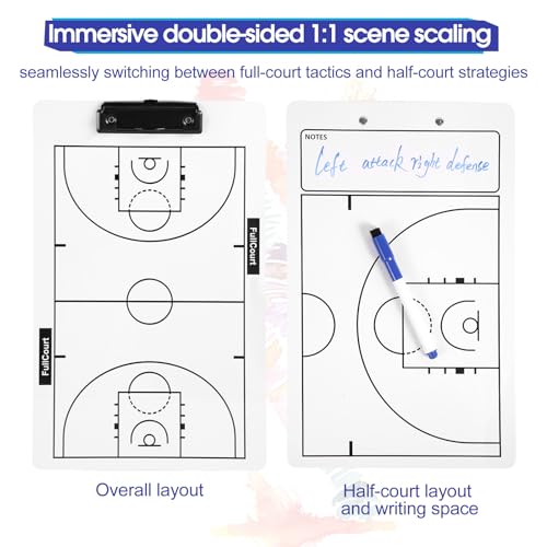Double-Sided Basketball Coaching Clipboard & Dry Erase Whiteboard for Coaches | Built-in Marker Holder & Sturdy Pro Markers | Portable Durable Tactical Board for Court Training